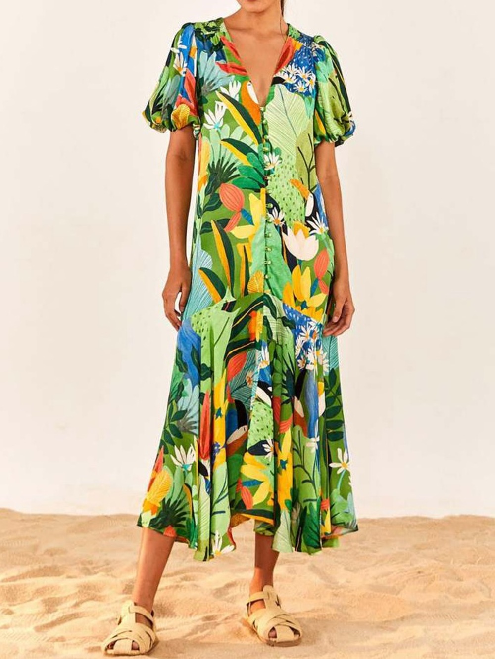 Farm Rio Green Vintage Toucans Tropical Print Button Down Midi Dress Small